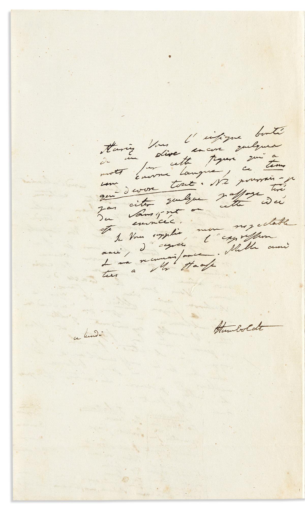 HUMBOLDT, ALEXANDER VON. Autograph Letter Signed, AHumboldt, to Sanskrit scholar Antoine-Léonard de Chézy, in French,